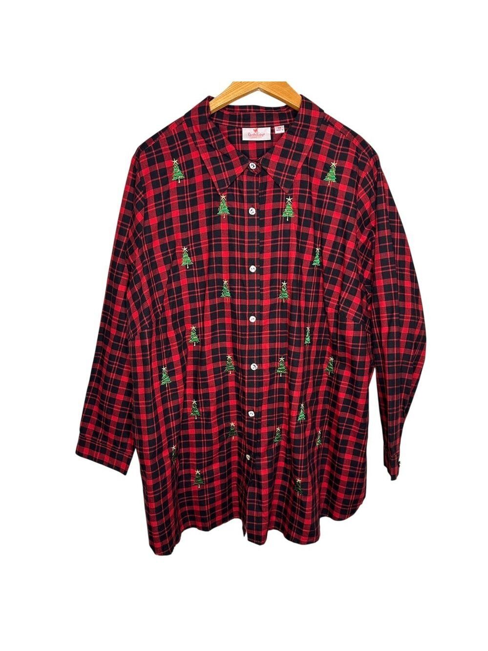 Quacker Factory Red Black Plaid Christmas Tree Embroidered Top 2X Cotton